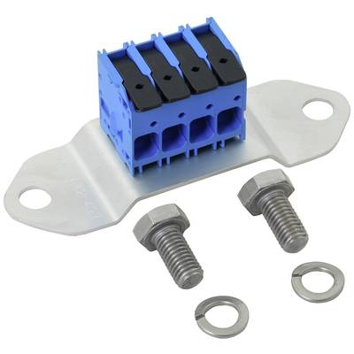 Metallischer Träger mit vier blauen Klemmen, dazu zwei Schrauben mit Unterlegscheiben. Elektronische Verbindungskomponente.