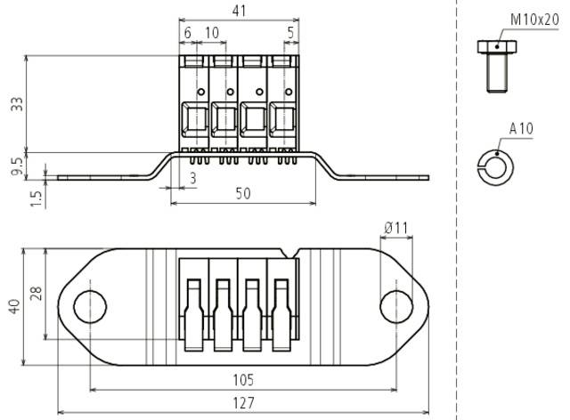 Technische Zeichnung eines elektrischen Steckverbinders mit Abmessungen in Millimetern, Draufsicht und Seitenansicht; Schraubenansicht rechts.