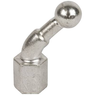 Metallische Kopplungskomponente mit gebogenem, kugelförmigem Ende, möglicherweise für mechanische oder hydraulische Anwendungen.
