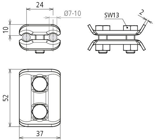 Technische Zeichnung einer Rohrschelle. Maße: 24x10 mm, Höhe 52 mm, Breite 37 mm. Schraubenschlüsselweite SW13, geeignet für Rohre Ø7-10 mm.