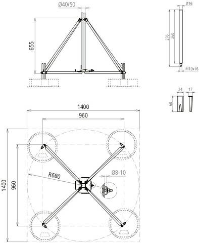 Technische Zeichnung eines Dachträger-Systems mit Maßen. Zeigt Seitenansicht, Draufsicht und Detail der Befestigungselemente.