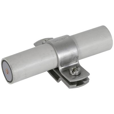 Ein grauer, zylindrischer Plastikrohrhalter mit Metallschelle und Schraube für die Befestigung.