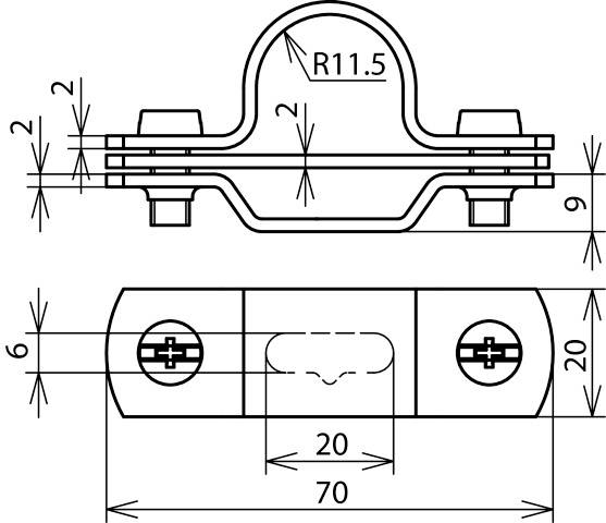 Technische Zeichnung einer Rohrschelle. Die obere Ansicht zeigt den Querschnitt der Schelle, die seitliche Ansicht die Maße: Breite 70 mm, Höhe 20 mm.
