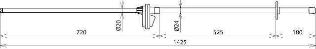Technische Zeichnung einer Stange: Gesamtlänge 1425 mm, segmentiert in 720 mm, 525 mm und 180 mm. Durchmesser 20 mm und 24 mm an verschiedenen Stellen.