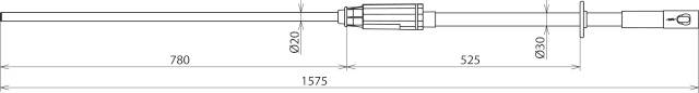 Technische Zeichnung eines Stabes mit Maßangaben: Gesamtlänge 1575 mm; Abschnittselemente 780 mm, 620 mm, 525 mm, 630 mm.