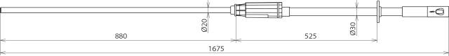 Technische Zeichnung einer Welle mit Kappen und Kugelkopf. Gesamtlänge 1675 mm, enthält Durchmesserangaben von 20 mm und 30 mm.