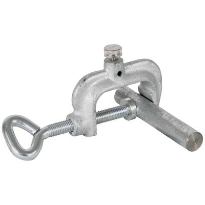Eine silberne Metallklemme mit Schraube, die ein Rohr fixiert. Klemme ist U-förmig und hat einen runden Griff zum Anziehen.