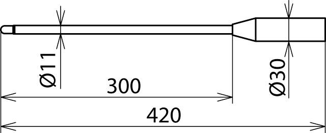 Technische Zeichnung eines zylindrischen Stabs. Länge: 420 mm, Durchmesser: 11 mm an einem Ende, 30 mm am anderen Ende.