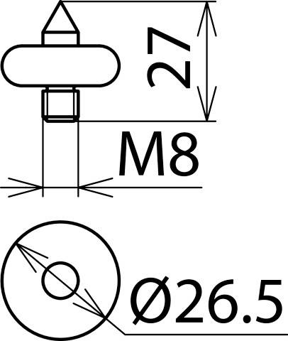 Technische Zeichnung eines Bolzens mit zwei Ansichten: vertikal mit Pfeilspitze, Maß '27', und horizontal mit Durchmesser 'Ø26,5', Gewinde 'M8'.