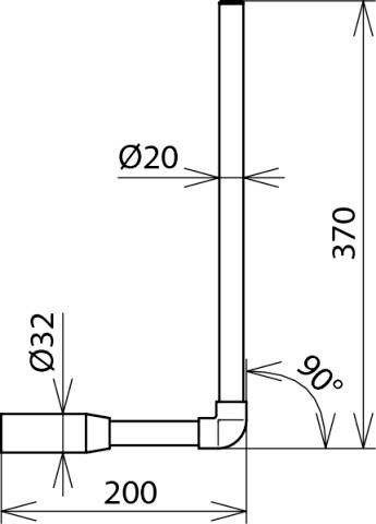 Seitliche technische Skizze eines Rohres mit Bemaßungen: 370mm Höhe, 200mm Länge, 20mm und 32mm Durchmesser, Winkel 90 Grad.