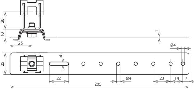 'Technische Zeichnung eines Metallclips mit Maßen: Länge 205 mm, Löcher Ø4 mm, spezifische Abstände an der Unterseite und Seitenansicht.'