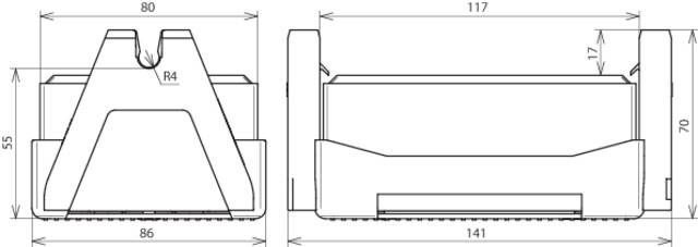 Technische Zeichnung eines rechteckigen Gehäuses mit Abmessungen: Höhe 55 mm, Breite 86 mm, Tiefe 141 mm. Seiten- und Vorderansicht.