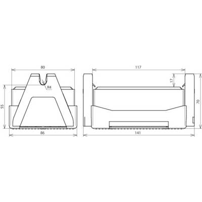 Technische Zeichnung eines rechteckigen Gehäuses mit Abmessungen: Höhe 55 mm, Breite 86 mm, Tiefe 141 mm. Seiten- und Vorderansicht.