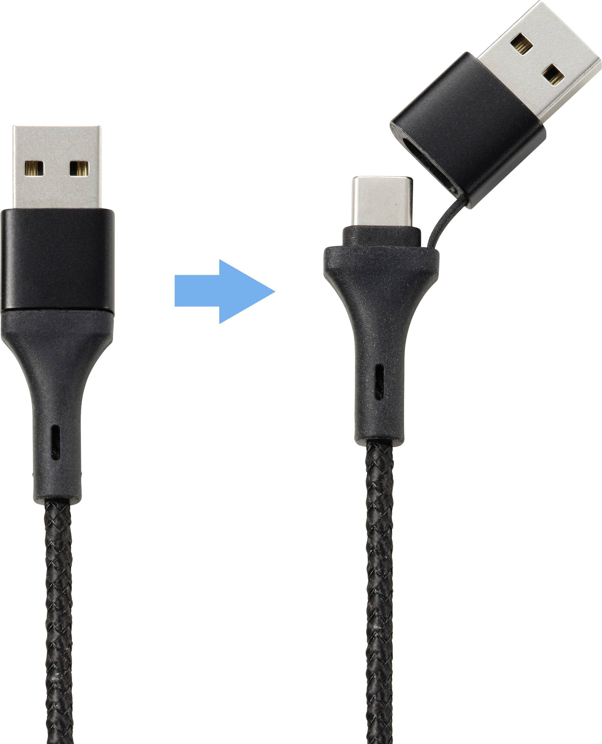 'USB-Kabel mit abnehmbarem USB-C-Adapter, Pfeil zeigt Wechsel von USB-A zu USB-C.'