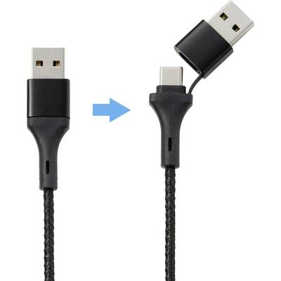 'USB-Kabel mit abnehmbarem USB-C-Adapter, Pfeil zeigt Wechsel von USB-A zu USB-C.'