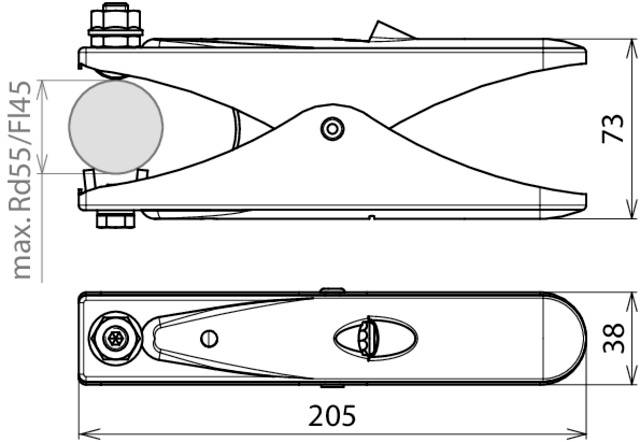 Technische Zeichnung eines Scharniers mit Maßen: Länge 205 mm, Höhe 73 mm, Breite 38 mm. Maximaler Radius 55 mm.