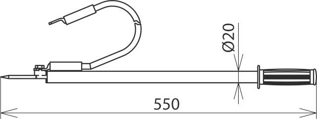 Technische Zeichnung einer Apparatur, bestehend aus einem langen Zylinder mit einem Griff rechts und einem gebogenen Kabel oben links; Maße 550 Länge, Durchmesser 20.