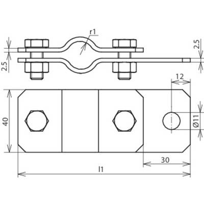 Technische Zeichnung einer Metallklemme mit Schrauben und Bolzen, obere und seitliche Ansicht. Maße und Winkel sind detailliert angegeben.