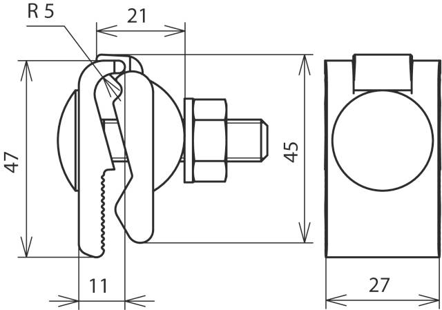 Zeichnung eines Schraubenmechanismus mit Abmessungen: 47x11 mm, Radius 5 mm, Gesamthöhe 45 mm, Breite 27 mm.