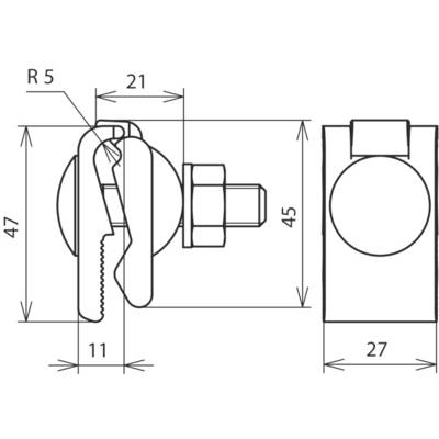 Zeichnung eines Schraubenmechanismus mit Abmessungen: 47x11 mm, Radius 5 mm, Gesamthöhe 45 mm, Breite 27 mm.