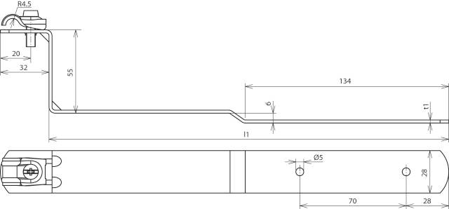 Technische Zeichnung eines L-förmigen Metallteils mit genauen Maßen in Millimetern, inklusive Bohrlöcher und Biegung bei 55 mm.