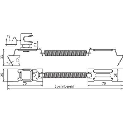 Technische Zeichnung von drei Verbindungselementen mit Spannfedern. Maße: 33 mm, 25 mm, h1, 20 mm, 70 mm, Spannbereich.