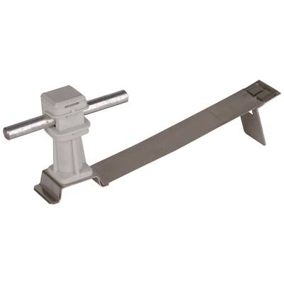 Kabelklemme aus Metall mit Kunststoffhalterung, flaches Band und runder Stange. Geeignet zur Sicherung von Kabeln an Oberflächen.