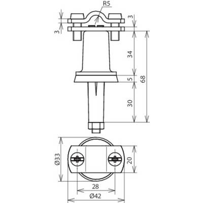 Technische Zeichnung eines Bolzens mit Maßen: Höhe 68, Durchmesser 33 mm. Enthält seitliche und obere Ansichten mit weiteren Details.