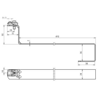 Technische Zeichnung eines Metallteils mit L-förmigem Design. Maße: Länge 410 mm, Breite 38 mm, Höhe 55 mm. Inklusive Bolzen und Muttern.