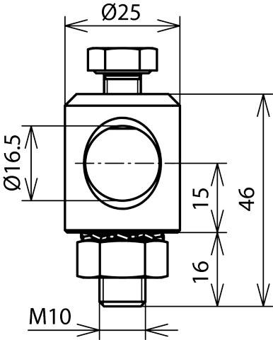 Technische Zeichnung eines quadratischen Bauteils mit Bohrungen. Maße: Ø25, Ø16,5, 46mm Höhe, M10 Gewinde.
