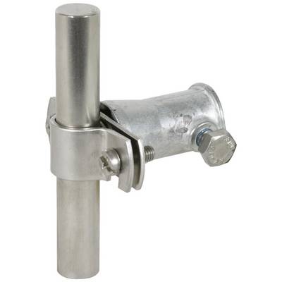 Metallische Rohrverbindung mit Schraube befestigt, eignet sich zur Stabilisierung von Konstruktionen. Glänzende, robuste Oberfläche.