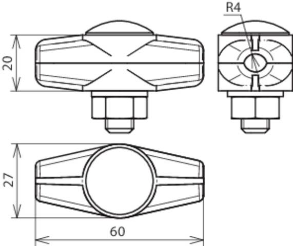 Technische Zeichnung eines zylindrischen Bauteils mit Maßen: 60mm Breite, 27mm Höhe, 20mm Tiefe. Ansicht von drei Seiten.