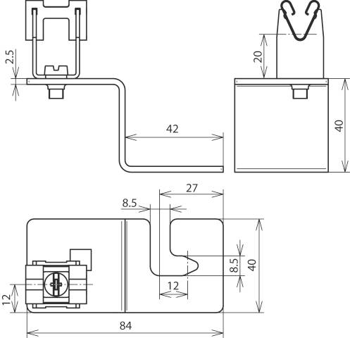 Technische Zeichnung eines Metallprofils mit Maßen in Millimetern: Höhe 40, Breite 84, Tiefe 42. Zeigt Schnittansicht von Profilen und Halterungen.
