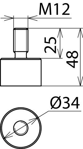 Technische Zeichnung eines Bauteils: Zylinder mit Gewinde M12, Gesamthöhe 48 mm, Oberteil 25 mm, Durchmesser 34 mm.