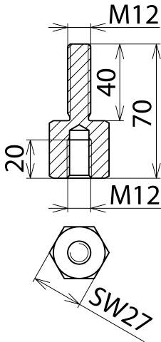 Technische Zeichnung eines Bolzens mit M12-Gewinde oben und unten, Gesamtlänge 70 mm. Quermaß 20 mm, Sechskant SW27.