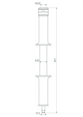 Technische Zeichnung eines Bauteils mit Maßen: Gesamtmaß 357, Durchmesser 24, Enden mit SW20 und M10 Gewinde.