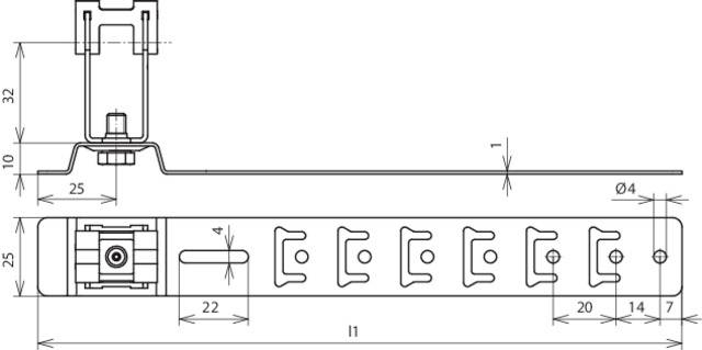 Technische Zeichnung eines Metallprofils mit Maßen: 32mm Höhe, 25mm Breite. Seitliche Ansicht und Draufsicht mit Schraubbefestigungen.