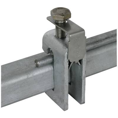 Metallklemme zur Befestigung eines horizontalen Trägers. Detailansicht der Schraubbefestigung und der Konstruktionsmerkmale.