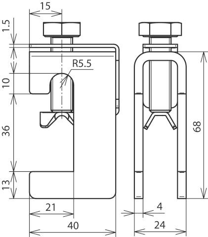 Technische Zeichnung einer Metallbefestigungsklammer mit Maßen. Seiten- und Vorderansicht zeigen Details wie Schraube und Klemmbereich.