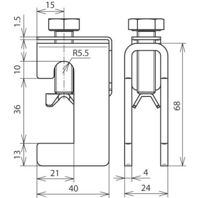 Technische Zeichnung einer Metallbefestigungsklammer mit Maßen. Seiten- und Vorderansicht zeigen Details wie Schraube und Klemmbereich.