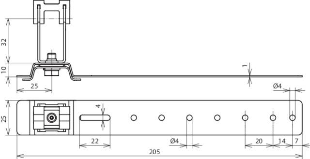 Technische Zeichnung eines Metallwinkels mit Abmessungen. Zeigt Seiten- und Draufsicht mit genauen Maßangaben in Millimetern.