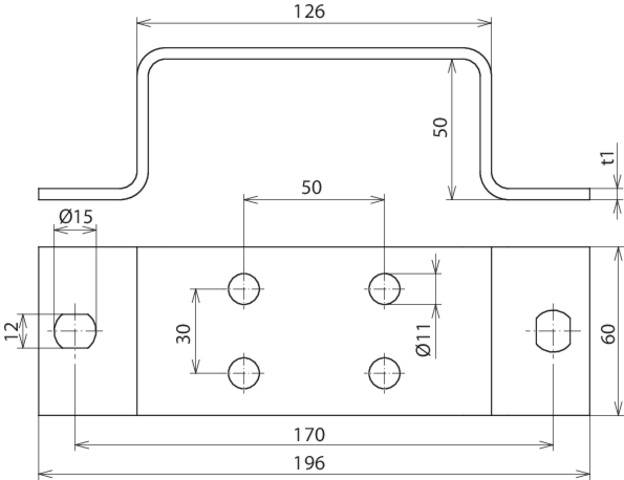 Technische Zeichnung eines Metallprofils mit Maßen: Breite 126 mm, Höhe 50 mm, Tiefe 170 mm. Verschiedene Bohrlöcher markiert.