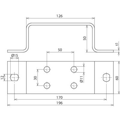 Technische Zeichnung eines Metallprofils mit Maßen: Breite 126 mm, Höhe 50 mm, Tiefe 170 mm. Verschiedene Bohrlöcher markiert.