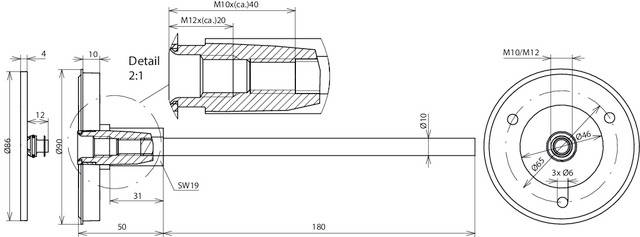 Technische Zeichnung eines zylindrischen Bauteils mit Abmessungen. Detailansicht zeigt Innengewinde. Seiten- und Vorderansicht dargestellt.