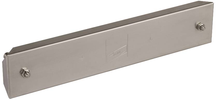 Ein rechteckiges, silberfarbenes Metallobjekt mit zwei Schrauben an den Seiten. Könnte ein Bauteil oder Zubehörteil sein.