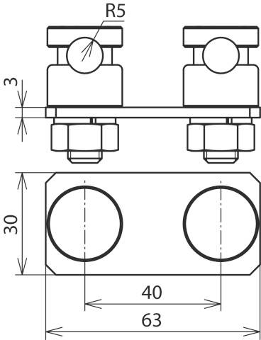 Technische Zeichnung einer mechanischen Verbindung mit zwei Bolzen und Muttern; Maße: Breite 63 mm, Bohrungsdurchmesser 30 mm, Radius 5 mm.