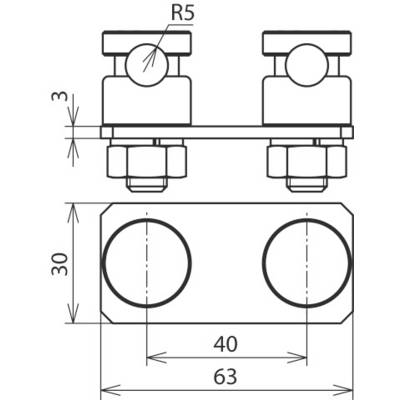Technische Zeichnung einer mechanischen Verbindung mit zwei Bolzen und Muttern; Maße: Breite 63 mm, Bohrungsdurchmesser 30 mm, Radius 5 mm.