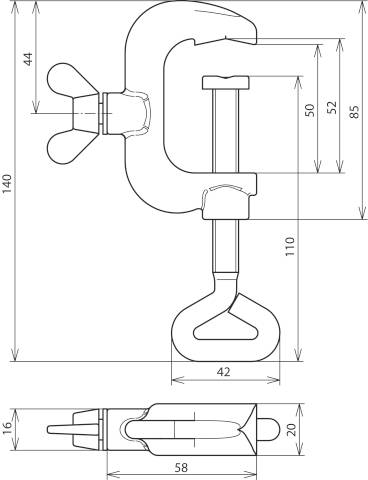 Technische Zeichnung einer Schraubzwinge mit Abmessungen: 140 mm Höhe, 85 mm Tiefe, und weiteren Details. Enthält Maßangaben.