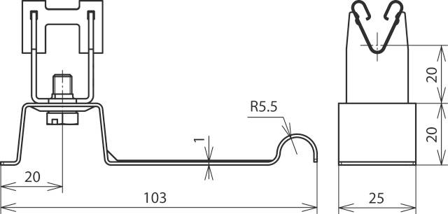 Technische Zeichnung eines Profils mit Maßen: Länge 103 mm und Höhen 20 mm. Radius R5,5 in Detailansicht.