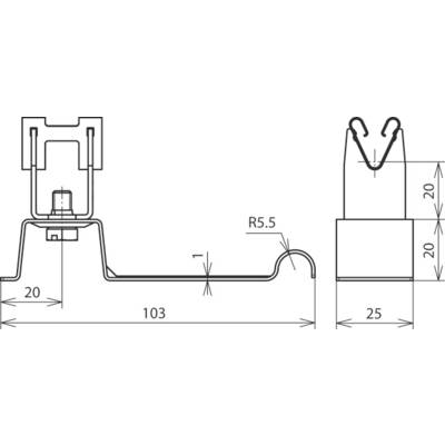 Technische Zeichnung eines Profils mit Maßen: Länge 103 mm und Höhen 20 mm. Radius R5,5 in Detailansicht.